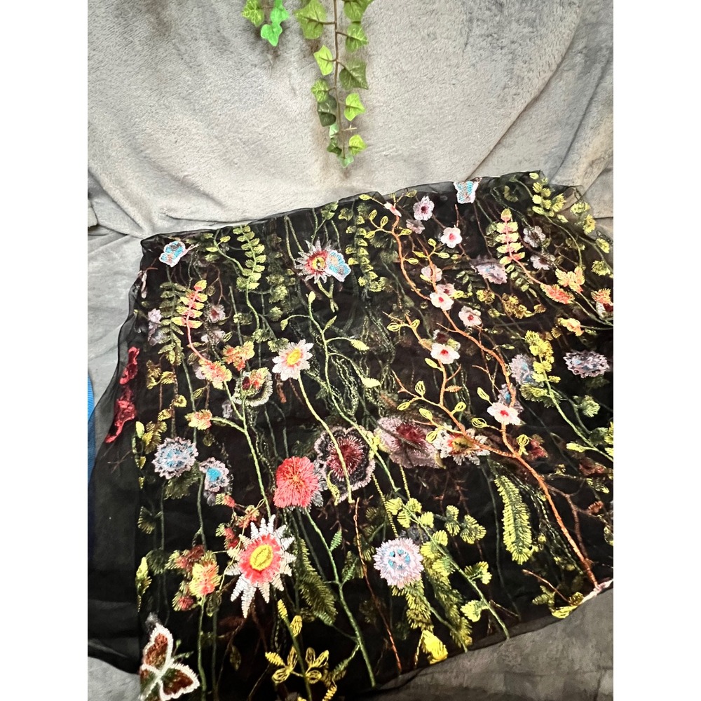 Black Floral Embroidered Mesh Fabric Panel 60" Boho Fairycore Dress Sewing